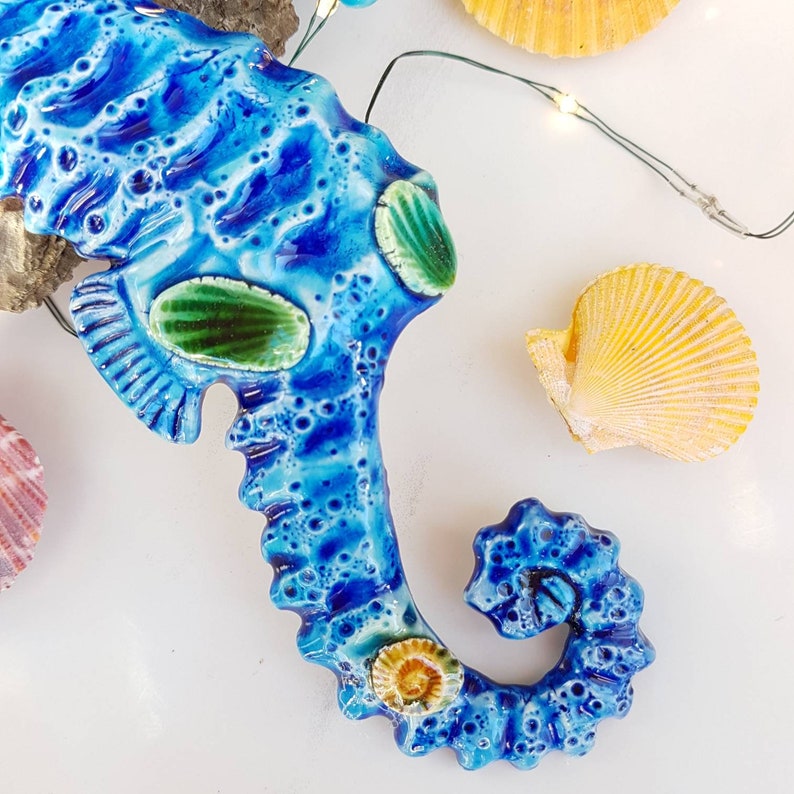 Handmade Seahorse ceramic pottery art wall hanging. Coastal Etsy