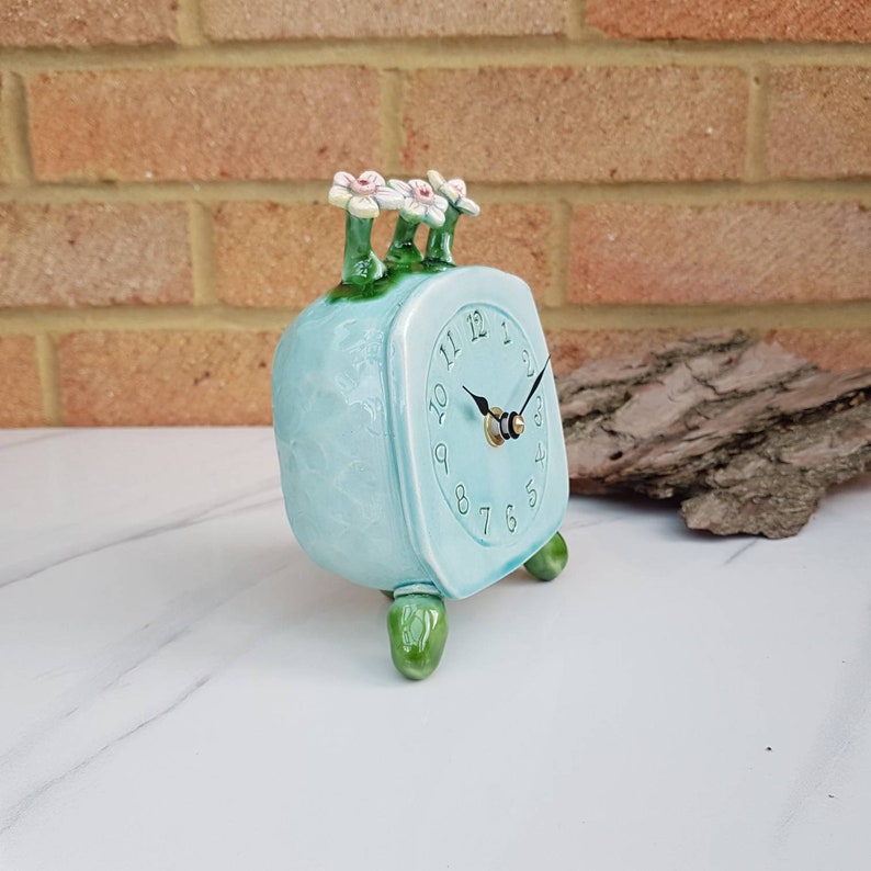 Handmade ceramic quirky flower clock. Uk pottery blue green. Etsy