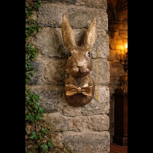 May include: A gold-coloured wall-mounted rabbit head sculpture featuring a textured finish, long upright ears, a monocle over one eye with a thin gold chain, and a smooth gold bow tie attached at the neck area, creating a detailed animal bust.