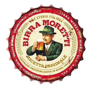 Extra Large Birra Moretti Italian Vintage Retro Wall Display Sign Metal Bottle Top 40cm