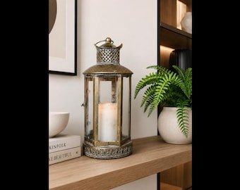 Vintage Design Tall 40cm Gold Metal and Glass Candle Holder Railway Lantern