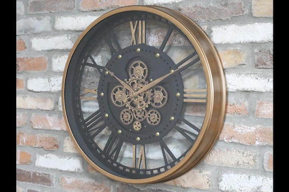 Large 60cm Black Gold Industrial Retro Metal Wall Clock with Moving Cogs Gears