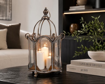 XL Luxury Antique Vintage Gold French Style Lantern Glass Pillar Candle Holder
