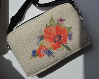 Handmade Linen Aum Symbol Tiger Red Flower Blue Floral White Crossbody Bag Messenger Bag Daily Casual Ketene Istanbul Galata Women's Bag