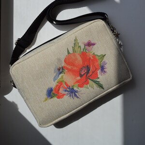 Handgefertigt Leinen Aum Symbol Tiger Rote Blume Blau Blumen Weiß Umhängetasche Messenger Bag täglich lässig Ketene Istanbul Galata Damentasche