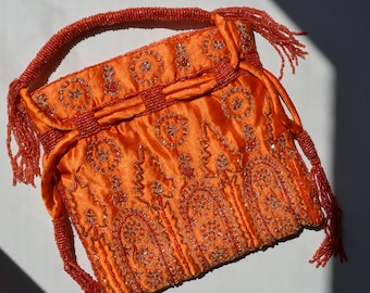 Handmade Beaded Mini Hand Bag Needlework Beady Small Evening Bag Orange Bucket Bag