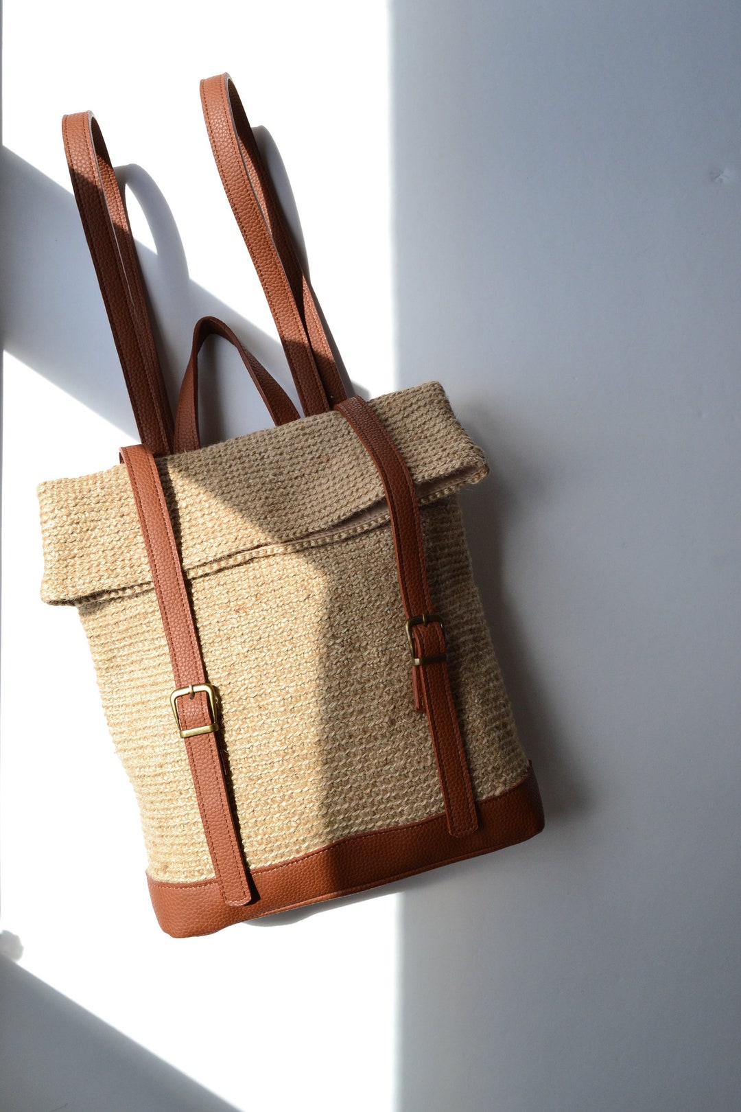 Straw Rucksack Unisex Knitted Jute Backpack Faux Leather Strap Crochet Straw Rucksack ...