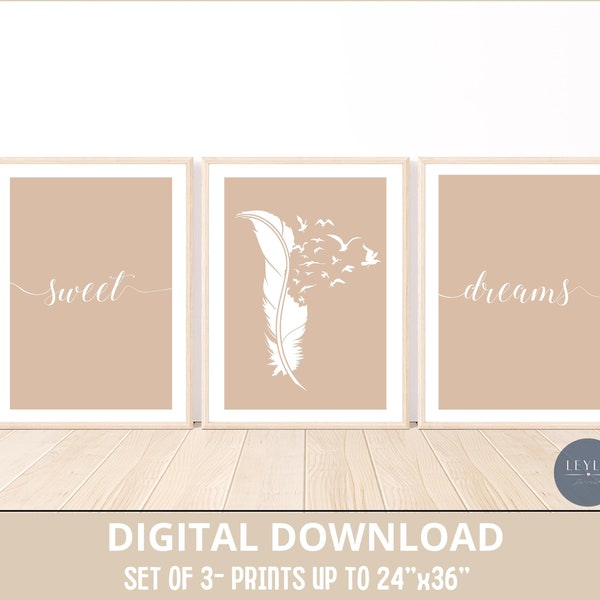 Sweet Dreams Feather Poster Set Bedroom Decor Nursery Set of 3