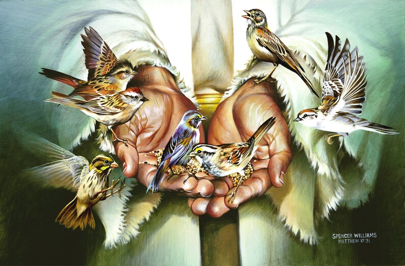 Hands of Christ Jesus Feeding Birds, Christian Artwork, Canvas, Giclée