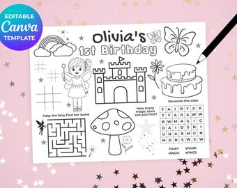 Fairy Birthday Coloring Placemat, Fun Printable Kids Activity Sheet, Digital Download, Editable Party Favor