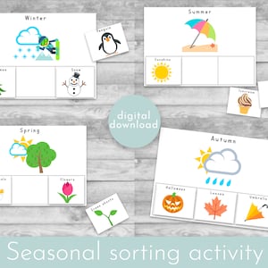 May include: A printable seasonal sorting activity for children. The cards feature illustrations of winter, spring, summer, and autumn activities and objects.  The cards are labelled with the season and have three blank boxes for sorting.