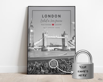 London Love Locks Print: Personalized Engagement Gift, Tower Bridge Wall Art