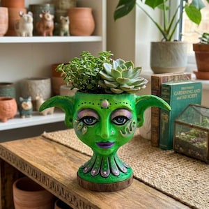 May include: A green ceramic plant pot in the shape of a fantasy face, with large ears, purple lips, and detailed eye makeup. The pot contains green succulents and sits on a wooden table. Other terracotta pots and decorative items are in the background.