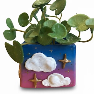 Handmade Blue Purple Ombre painted plant pot with 3D Clouds, Moons & Stars.