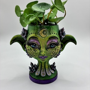 May include: A decorative green planter in the shape of a fairy face, with large eyes, long eyelashes, and a crescent moon detail. The planter has a purple base and is filled with green leafy plants. Decorative crystals are on the sides.