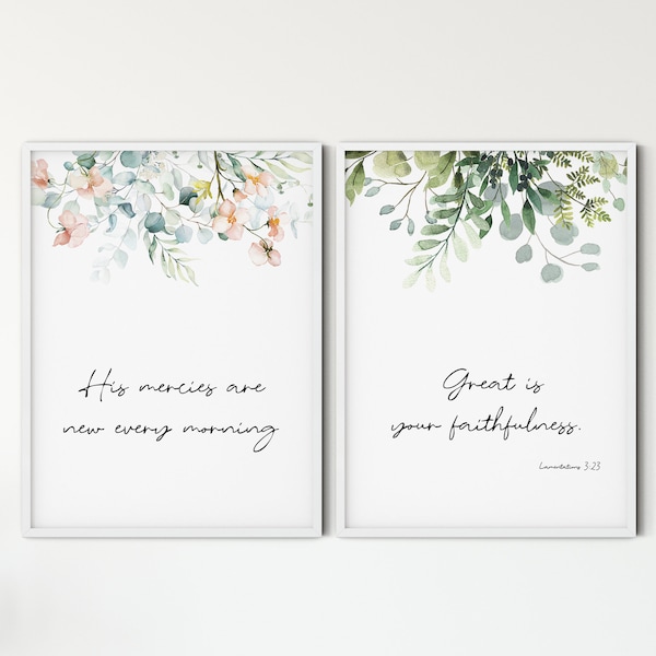 Lamentations 3:23 His Mercies Are New Every Morning Bible Verse Wall Art Set of 2 Scripture Watercolor Digital Print Christian Decor