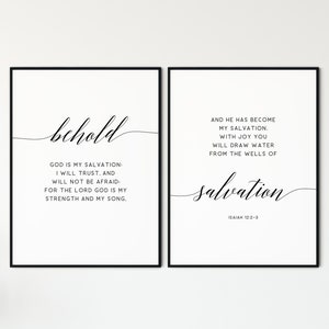 Isaiah 12:2-3, Bible Verse Wall Art Set of 2 Prints, Modern Minimalist Scripture Quote Printable Wall Art, Living Room Christian Art Decor