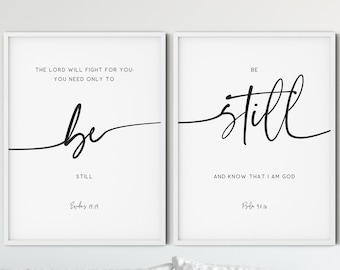 Be Still Bible Verse Wall Art Set of 2, Modern Scripture Quote Prints Minimalist Living Room Art Christian Printable Wall Art Decor