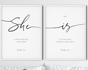 Nursery Bible Verse Wall Art Set of 2 Prints, Baby Girl Nursery Scripture Minimal Christian Nursery Home Room Decor Gift, Proverbios 31:25