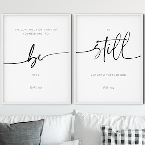 Be Still Bible Verse Wall Art Set of 2, Modern Scripture Quote Prints Minimalist Living Room Art Christian Printable Wall Art Decor