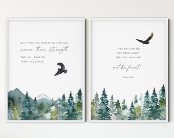 Isaiah 40:31 Bible Verse Wall Art Set of 2 Prints, Scripture Quote Printable Wall Art, Living Room Christian Art Decor, Renew Their Strength