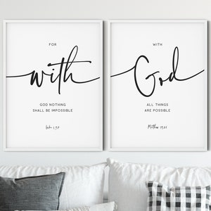 With God Bible Verse Wall Art Set of 2, Modern KJV Scripture Quote Prints Minimalist Living Room Art Christian Printable Wall Art Decor