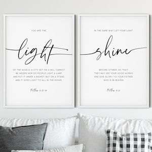 Let Your Light Shine, Bible Verse Wall Art Set of 2, Modern Scripture Prints Minimalist Living Room Art Christian Printable Wall Art Decor