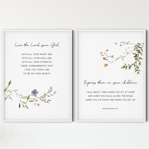 Deuteronomy 6:5-7, Bible Verse Wall Art Set of 2, Scripture Quote Prints, Living Room Christian Printable Art Decor, Love the Lord your God