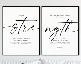 Isaiah 40:29-31 Bible Verse Wall Art Set of 2 Prints Modern Christian Decor Strength Scripture Print Bible Quote Poster Printable Wall Art