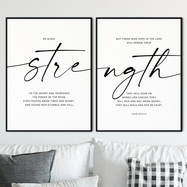 Isaiah 40:29-31 Bible Verse Wall Art Set of 2 Prints Modern Christian Decor Strength Scripture Print Bible Quote Poster Printable Wall Art