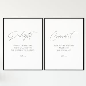 Psalm 37:4-5 Bible Verse Wall Art Set of 2 Prints, Modern Minimalist Scripture Quote Printable Wall Art, Living Room Christian Art Decor