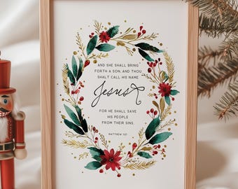 Matthew 1:21, Christmas Christian Bible Verse Wall Art Scripture Printable Poster Home Decor