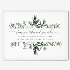 Éxodo 20:12 Honra a tu padre y a tu madre, Versículo de la Biblia familiar Arte de la pared Regalo cristiano Escritura Imprimir para mamá Papá Tarjeta de póster imprimible