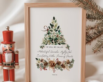 Isaiah 9:6 Prince of Peace, Christmas Watercolor Trees Christian Wall Art Printable Scripture Poster Bible Verse Print Home Decor