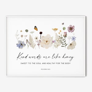 Proverbs 16:24 Kind Words Are Like Honey Sweet To The Soul, Bible Verse Wall Art Modern Minimalist Scripture Print Christian Decor Gift