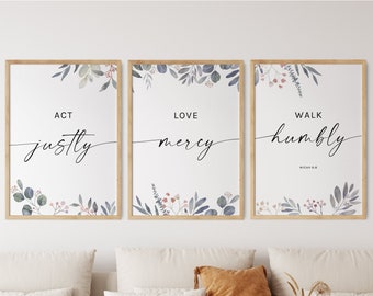 Micah 6:8 Bible Verse Wall Art Set of 3 Prints Scripture Print Botanical Christian Wall Art Decor Gift, Act Justly Love Mercy Walk Humbly