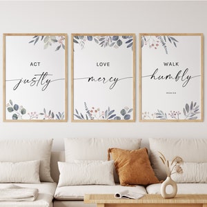 Micah 6:8 Bible Verse Wall Art Set of 3 Prints Scripture Print Botanical Christian Wall Art Decor Gift, Act Justly Love Mercy Walk Humblement