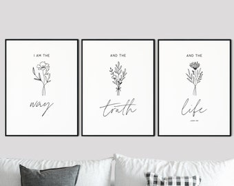 John 14:6 Bible Verse Wall Art Set of 3 Prints Modern Minimalist Scripture Quote Poster Printable Wall Art Christian Art Home Decor Gift