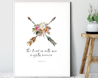 Judges 6:12, Bible Verse Wall Art Bible Verse Prints Inspirational God Calligraphy Bible Quotes The Lord is with you, mighty warrior