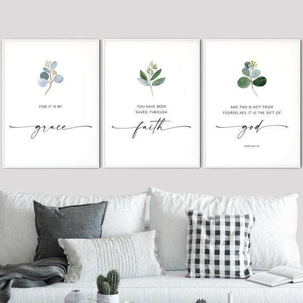 Ephesians 2:8 Bible Verse Wall Art Bible Verse Quotes Set Of 3 Prints Scripture Printable Wall Art Christian Home Decor, For It Is By Grace
