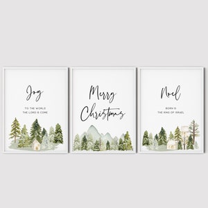Set Of 3 Christmas Christian Wall Art Printable Watercolor Mountains Winter Forest Poster Trees Home Decor, Joy To The World, Noel Prints