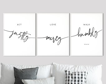 Micah 6:8 Bible Verse Wall Art Set of 3, Modern Scripture Quote Prints Minimalist Living Room Art Christian Printable Wall Art Decor