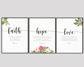 Glauben Hoffnung Liebe, Bibel-Vers-Wand-Kunst-Set von 3 Drucke, Schrift Zitat druckbare Wandkunst, Wohnzimmer Christian Wand Kunst Dekor Geschenk-Set