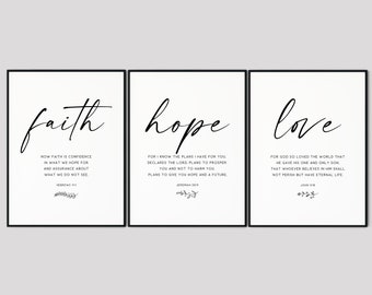 Faith Hope Love, Bible Verse Wall Art Set of 3 Prints, Modern Minimalist Scripture Quote Printable Wall Art, Living Room Christian Art Decor