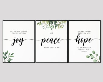 Romans 15:13, Bible Verse Wall Art Set of 3 Prints, Scripture Quote Printable Wall Art, Living Room Christian Art Decor, May the God of hope
