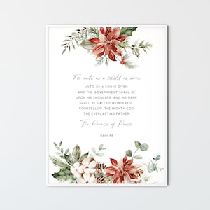 Ésaïe 9:6 Écriture de Noël Art mural KJV Bible Verset Art mural Impression chrétienne Décoration de Noël, pour nous un enfant est né