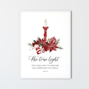 Juan 1:9 La verdadera luz, Navidad cristiana imprimible arte de la pared impresión acuarela decoración del hogar cartel de las Escrituras regalo de vacaciones