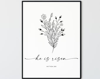 He is Risen, Easter Scripture Print, Bible Verse Wall Art, Botanical Minimal Easter Christian Decor, Modern Easter Printable, Matthew 28:6