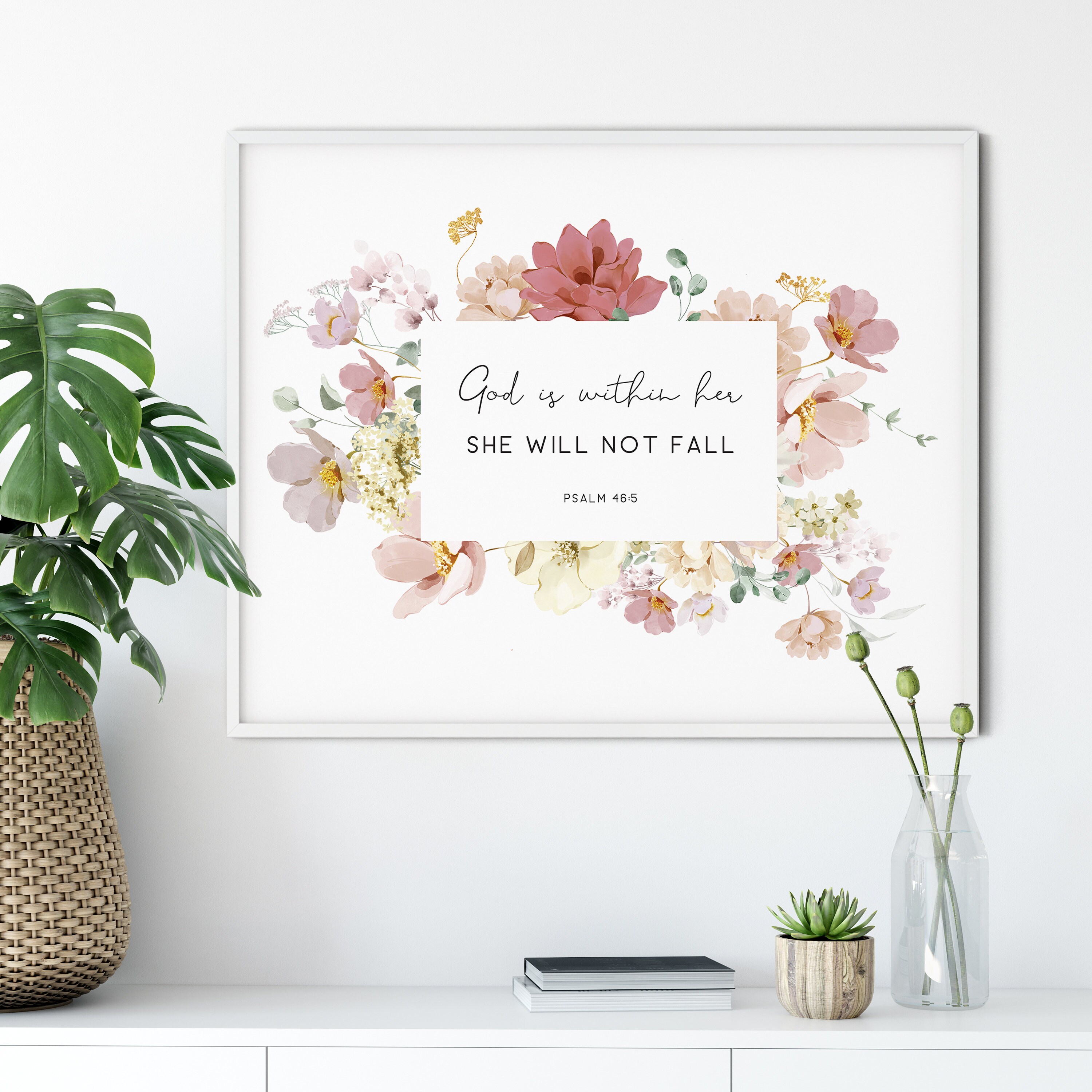 Psalm 46:5 Bible Verse Wall Art Horizontal Printable Watercolor Floral ...