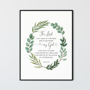 Psalm 18:2 Bible Verse Wall Art Scripture Watercolor Digital Print Botanical Christian Wall Art Decor Religious Gift, The Lord Is My Rock